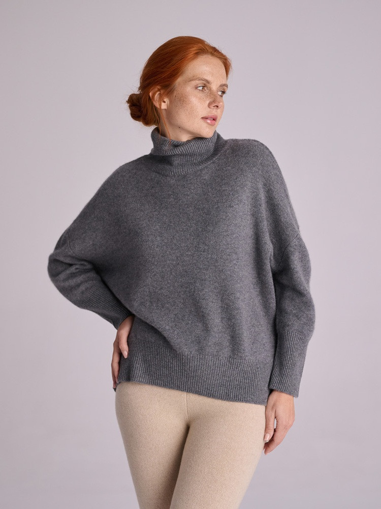 DUNKELGRAUER OVERSIZE-KASCHMIRROLLKRAGENPULLOVER
