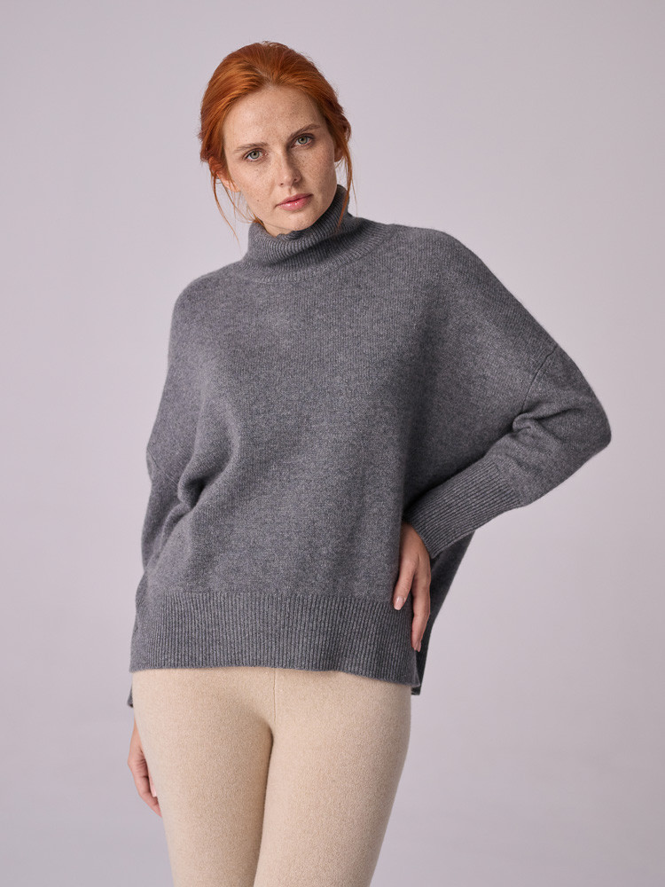 DUNKELGRAUER OVERSIZE-KASCHMIRROLLKRAGENPULLOVER