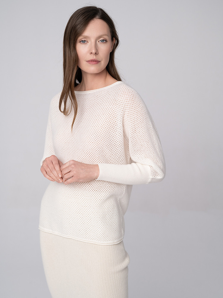 BLAUER DURCHBROCHENER PULLOVER FÜR DAMEN AUS 100% KASCHMIR