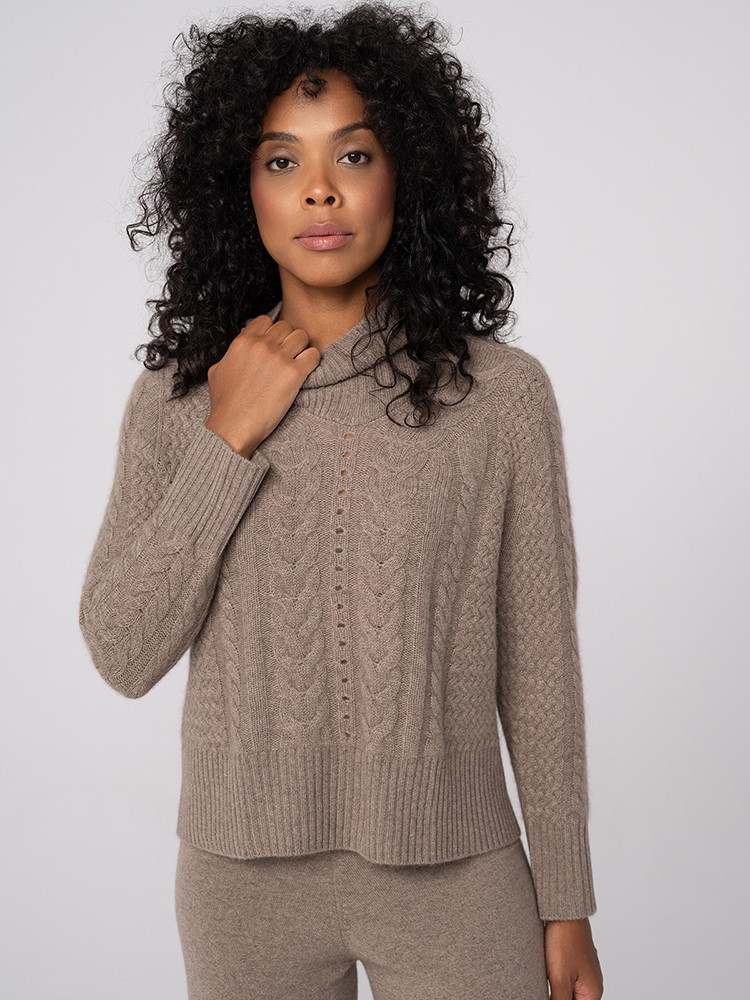 KASCHMIR-ROLLKRAGENPULLOVER MIT ZOPFMUSTER