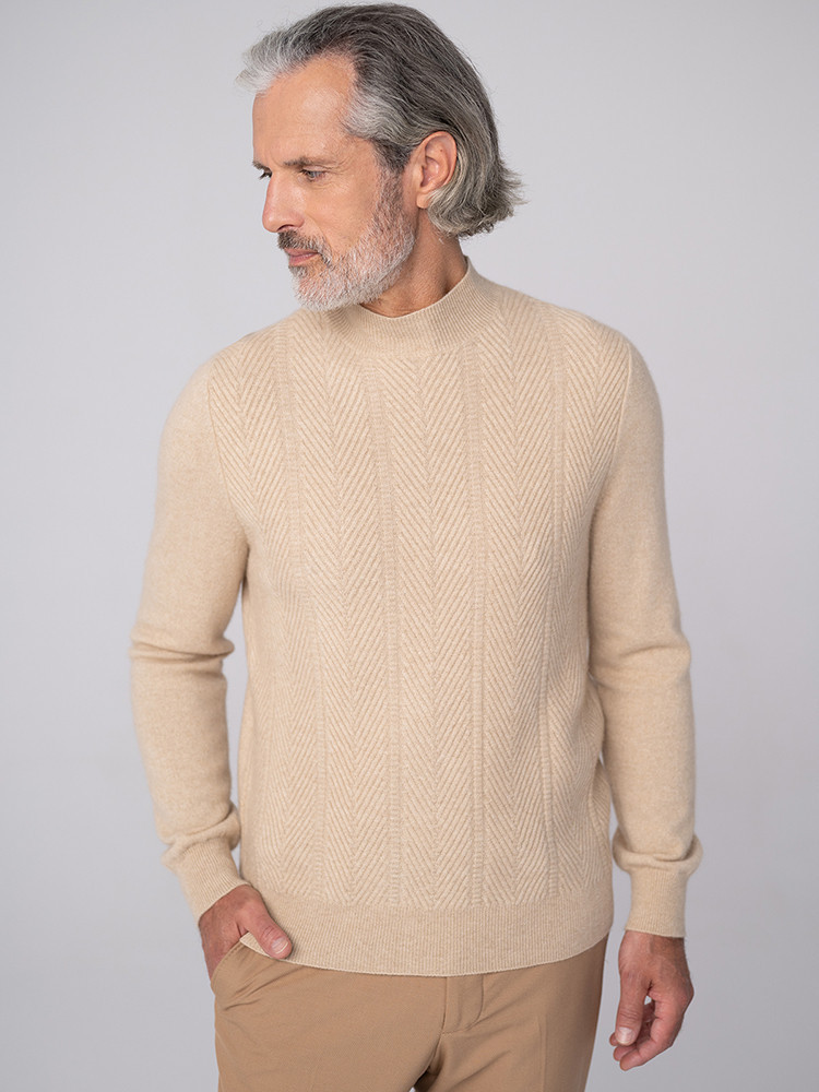KASCHMIRPULLOVER MIT STEHKRAGEN UND FISCHGRÄTENMUSTER