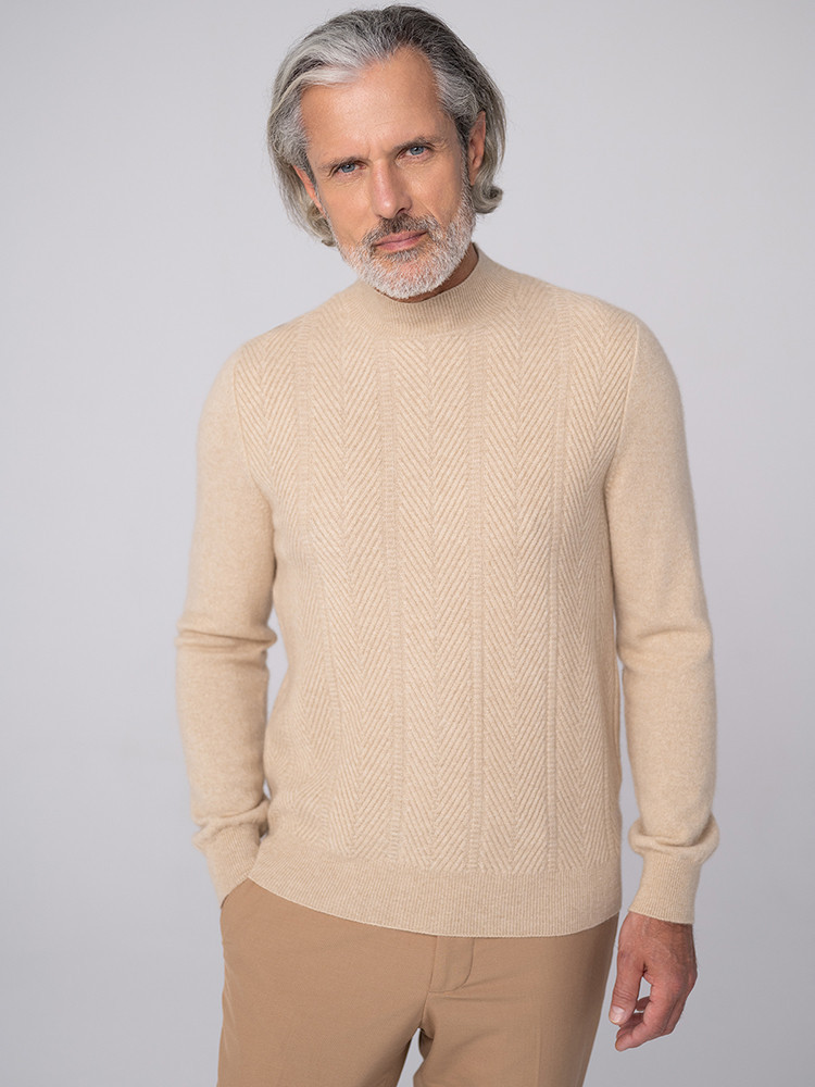 KASCHMIRPULLOVER MIT STEHKRAGEN UND FISCHGRÄTENMUSTER